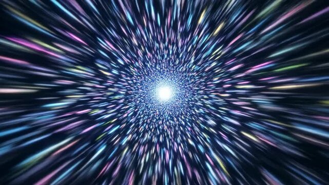 Seamlessly looping abstract tunnel of vibrant light streaks creating a hyper-speed temporal warp effect dynamic, fast movement, technology background