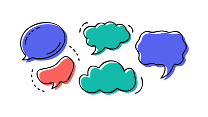 Collection of doodle style speech bubbles in blue teal and coral