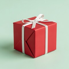 Red Gift Box with White Ribbon on Light Green Background