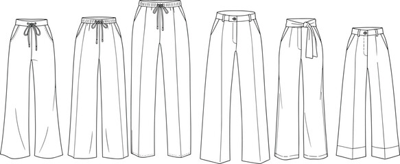 Women’s wide-leg pants technical flat fashion sketch, drawstring waist, belt, button closure, relaxed fit, casual trousers