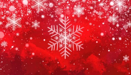 Vibrant Red Winter Holiday Background with Falling Snowflakes and Bokeh Lights.