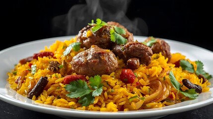 Appetizing Indian Feast: Steaming Biryani on Dark Background