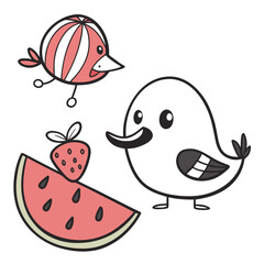 Cute cartoon birds with watermelon and strawberry simple