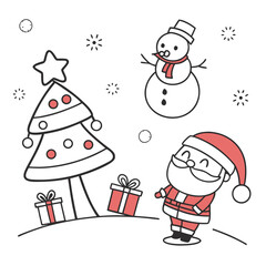 Cute Christmas doodle with Santa snowman and tree minimal