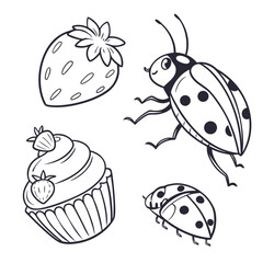Cute hand drawn doodle vector set of ladybugs strawberry and cupcake