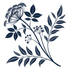 Dark blue botanical silhouette of leaves and flowers