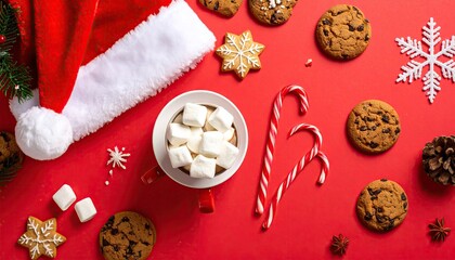 Festive Christmas treats and Santa hat arranged on a vibrant red background.