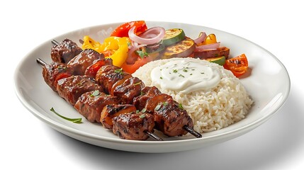 Gourmet Halal Beef Kebab Plate with Basmati Rice and Yogurt Sauce

