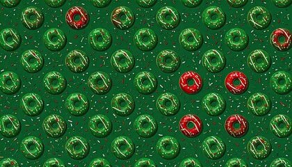 Festive Donut Pattern with Green and Red Glaze and Sprinkles.