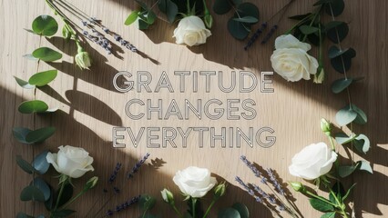 Inspirational quote with white roses and lavender on wooden background