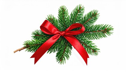 Festive Christmas tree branch adorned with a vibrant red satin bow on a clean white background.