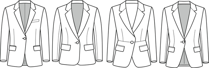 Women's blazer jacket fashion flat sketch collection, stylish tailored coats with lapel collars and pockets, CAD drawing flat vector illustration