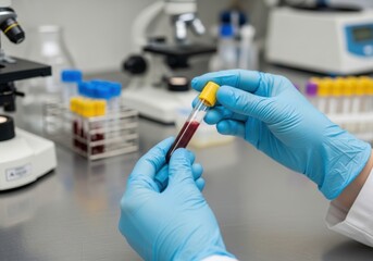 Doctor wearing blue glove holds up rapid antigen test cassette showing two red lines indicating a positive result for illness detection