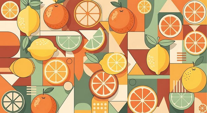 Vibrant Geometric Citrus Fruit Pattern with Oranges Lemons and Limes.
