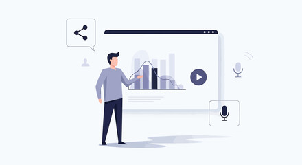 Data analysis and presentation A person interacting with graphs on a digital screen, sharing data