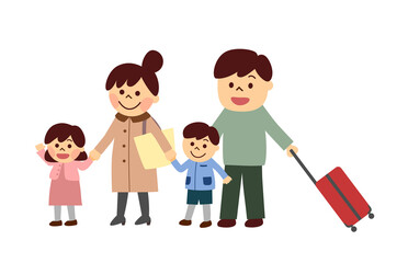 キャリーバッグを持って旅行にいく家族