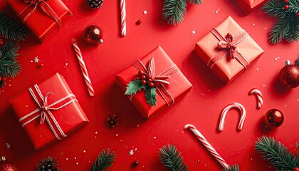 Festive Christmas flat lay with red gift boxes pine branches and candy canes.