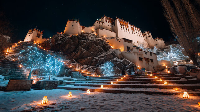 Illuminated monastery and snowy landscape glowing with hundreds of candles during Galdan Namchot night celebration