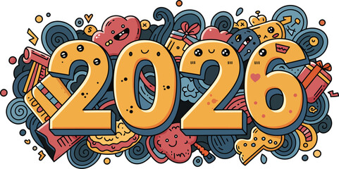 Festive 2026 illustration with playful doodles, happy characters, and colorful gifts. Perfect for New Year celebrations, future greetings, and cheerful graphic designs