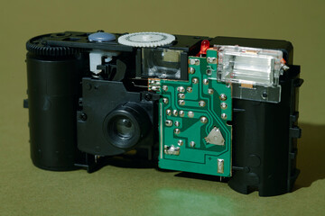 close-up of a dismantled disposable camera