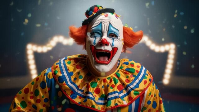 A Sad clown expressing deep emotions in a circus setting with vibrant confetti rain