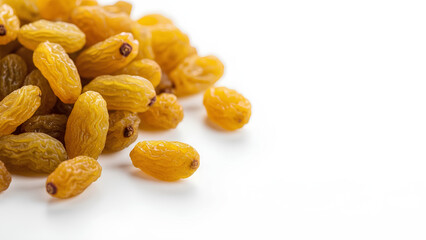 Delicious golden raisins scattered on a white surface offer healthy snacking possibilities now