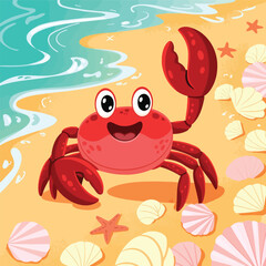 Obraz premium Happy red cartoon crab on beach with seashells and ocean waves