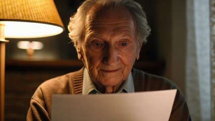 An elderly man reads a letter under warm lamp light, reflecting a moment of contemplation and nostalgia in a cozy setting.
