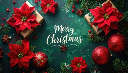 Festive Merry Christmas greeting card with red poinsettias and ornaments.