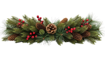 Festive christmas garland with pine cones and red berries isolated on transparent background
