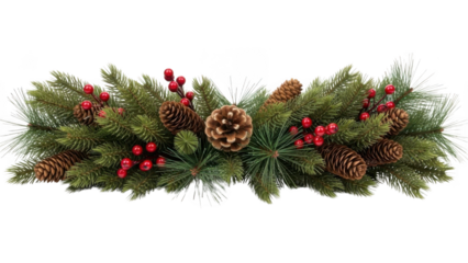 Festive christmas garland with pine cones and red berries isolated on transparent background