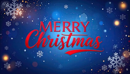 Festive Merry Christmas greeting with snowflakes and bokeh lights on blue background.