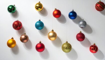 Assortment of colorful Christmas ornaments scattered on a white background for festive decoration.