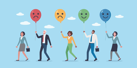 Diverse group of people holding balloons with different facial expressions