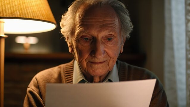An elderly man reads a letter under warm lamp light, reflecting a moment of contemplation and nostalgia in a cozy setting. - Powered by Adobe