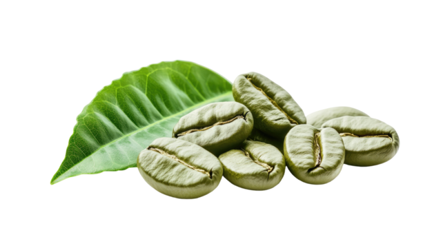 Green coffee beans raw and unroasted with natural pale green color ideal for food visuals ingredient references and agricultural illustrations isolated on white background