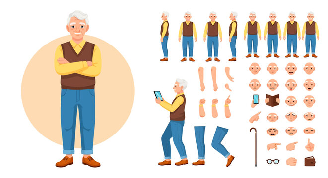 Character design sheet of a happy elderly man with various poses and facial expressions for animation or illustration