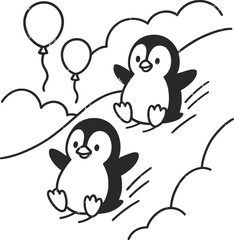Obraz premium Cheerful cartoon penguins sliding down hill with balloons