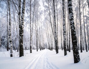 Fototapeta premium Snowy forest scene with many frosted birch trees and ski tracks