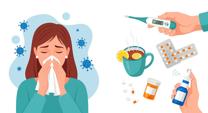 Seasonal Illness and Flu Symptoms Concept A woman suffering from a cold, sneezing into a tissue, accompanied by medical remedies like a thermometer, pills, nasal spray, and comforting hot tea