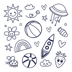 Kids doodle icons smiling sun rocket clouds strawberry
