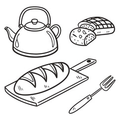 Kitchen doodle set kettle bread cutting board fork