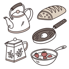 Kitchenware and food doodles on white background kettle