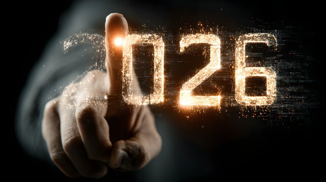 Hand interacting with a glowing digital '2026' in a futuristic interface, representing technology, future vision, business goals, and innovation. - Powered by Adobe