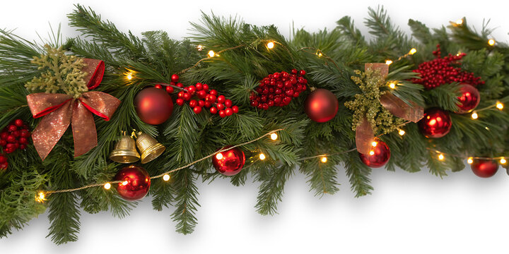 Festive christmas garland adorned with red ornaments golden bells and twinkling lights creating a warm and inviting holiday atmosphere - Powered by Adobe