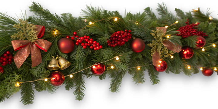 Festive christmas garland adorned with red ornaments golden bells and twinkling lights creating a warm and inviting holiday atmosphere