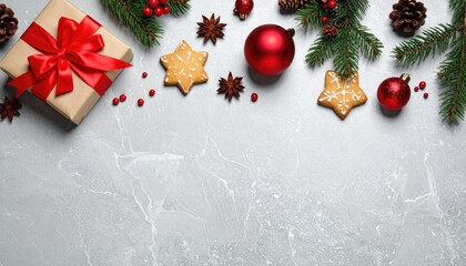 Festive Christmas flat lay with gift box fir branches pine cones and star cookies.