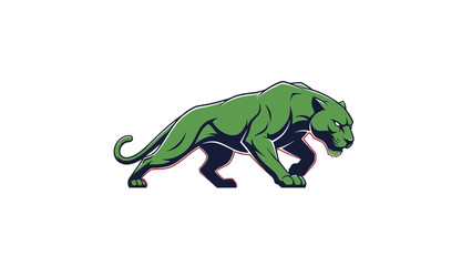 Fototapeta premium A stylized green panther with dark blue shading is depicted in a prowling pose on a clean white background.
