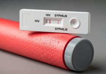 Conceptual 3d rendering of the letters hiv stylized as a flowing rainbow flag above an unrolled condom on a foil wrapper symbolizing aids awareness and safe sex