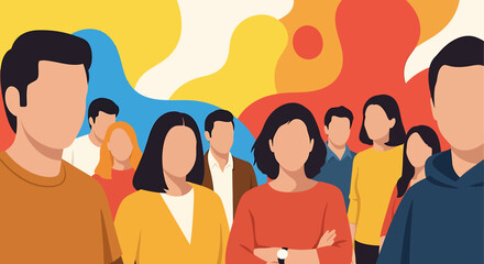 Diverse group of people standing together representing community, teamwork, and unity with abstract background